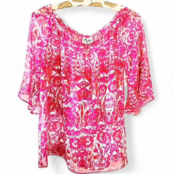 Show me your mumu off the shoulder paisley sheer bell sleeve blouse in Pink - Picture 2 of 6